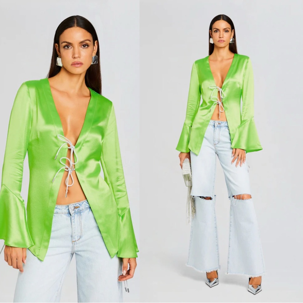 Svea Blouse in Fresh Lime RETROFETE Vibrant Green Satin Tie-Front Top